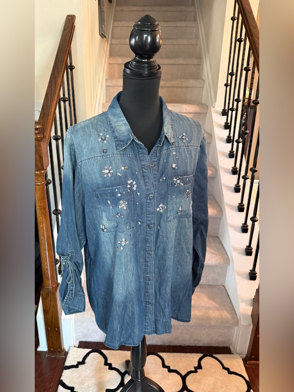 Nine West Stone- Washed Rhinestone Button-Up Shirt